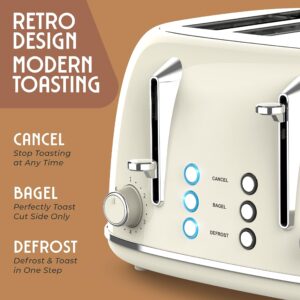 Mueller Retro Toaster 4 Slice with Extra Wide Slots Bagel, Defrost, and Cancel Function, 6 Browning Levels, Dual Independent Controls, Removable Crumb Tray and High Lift Levers, Beige