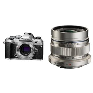 bundle of om system om-5 silver outdoor camera weather sealed design 5-axis image stabilization 50mp handheld high res shot + m.zuiko digital ed 12mm f2.0 silver