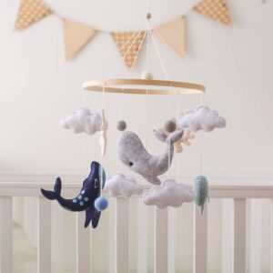 Baby Mobile for Crib丨Baby Nursery Mobiles丨Handmade Felt Ocean Animal Mobile for Crib Baby Boys and Girls丨Woodland Nursery Decor for Infant Bedroom Hanging丨 Gender Neutral Baby Stuff（Whales）