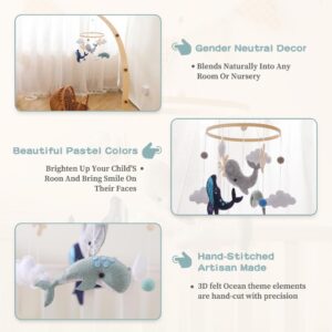 Baby Mobile for Crib丨Baby Nursery Mobiles丨Handmade Felt Ocean Animal Mobile for Crib Baby Boys and Girls丨Woodland Nursery Decor for Infant Bedroom Hanging丨 Gender Neutral Baby Stuff（Whales）