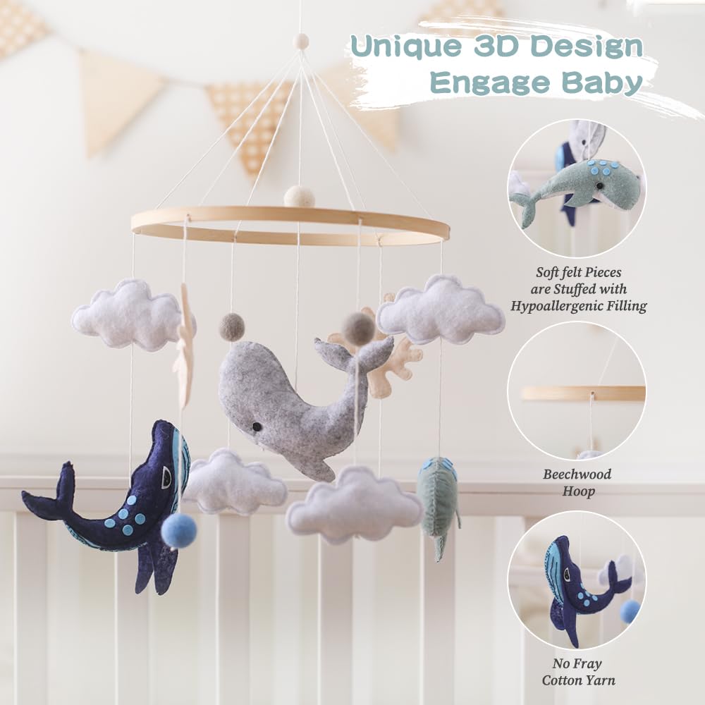 Baby Mobile for Crib丨Baby Nursery Mobiles丨Handmade Felt Ocean Animal Mobile for Crib Baby Boys and Girls丨Woodland Nursery Decor for Infant Bedroom Hanging丨 Gender Neutral Baby Stuff（Whales）