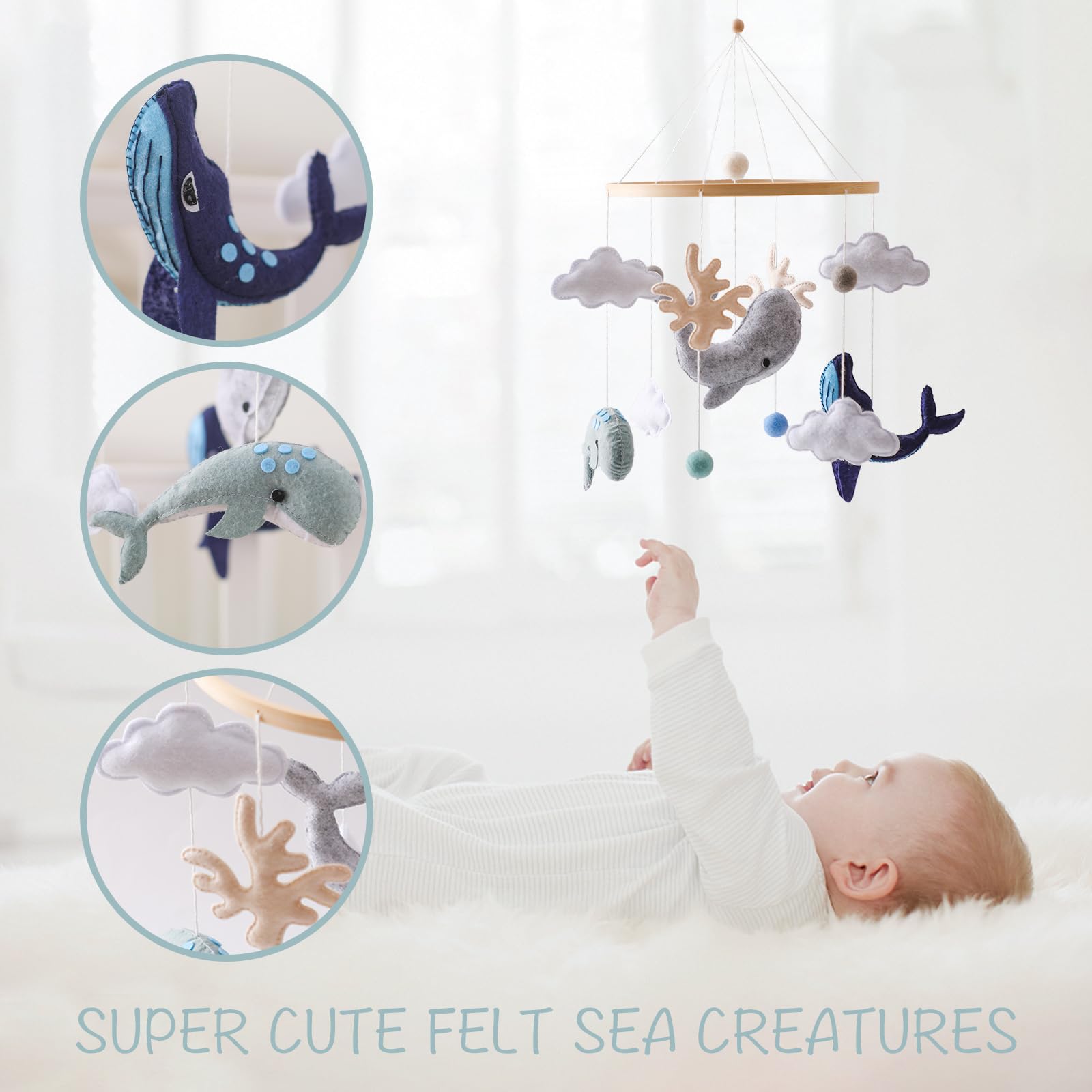 Baby Mobile for Crib丨Baby Nursery Mobiles丨Handmade Felt Ocean Animal Mobile for Crib Baby Boys and Girls丨Woodland Nursery Decor for Infant Bedroom Hanging丨 Gender Neutral Baby Stuff（Whales）