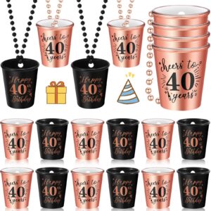 uiifan 12 pieces 40th 50th 60th shot glasses necklace birthday plastic cups necklace on beaded for birthday party anniversary supplies, black and rose gold (40th)