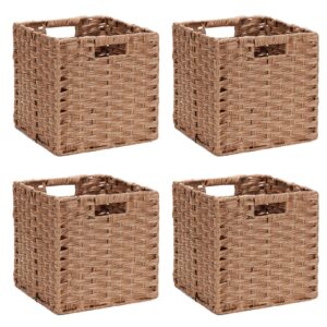 dullemelo wicker baskets for shelves 11x11 foldable plastic woven cube storage bins set of 4 waterproof woven storage bins with handles for pantry,closet, cabinet, toys - brown