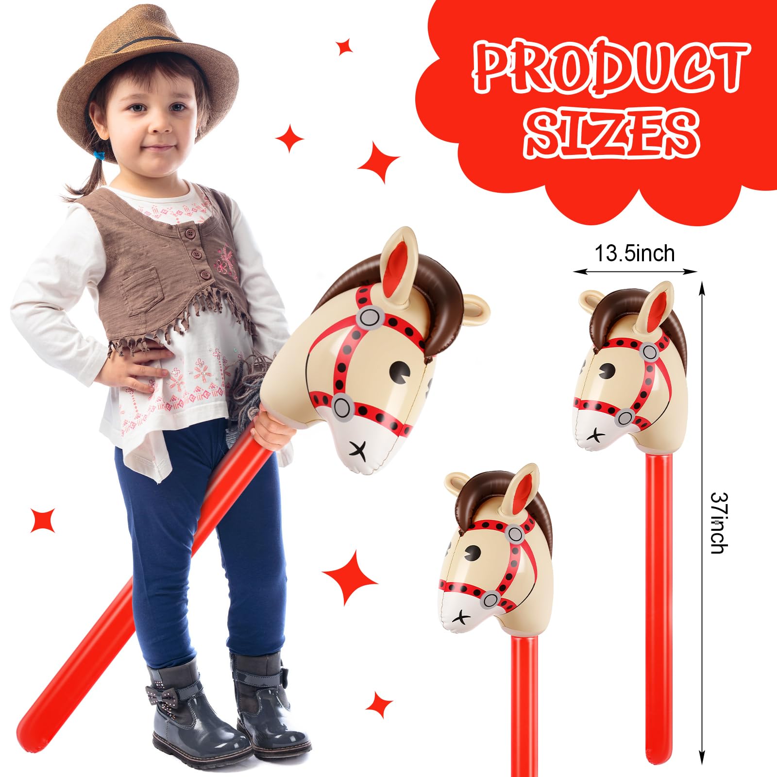 Chivao 30 Pack Inflatable Stick Horse Toy Horse on a Stick Horse Stick Toy Horse Head Stick Balloon Bulk for Cowgirl Cowboy Western Themed Birthday Party Baby Shower Decorations, 37 Inch (Red)