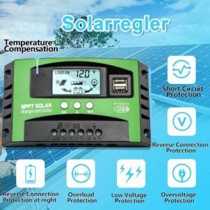 MPPT 100amp Solar Charge Controller 12V 24V Auto, MPPT Solar Controller 100A with Backlit Display Temperature Sensor 2 USB Ports, Fit for Solar Panels 12V 24V Gel Sealed Flooded and Lithium Battery