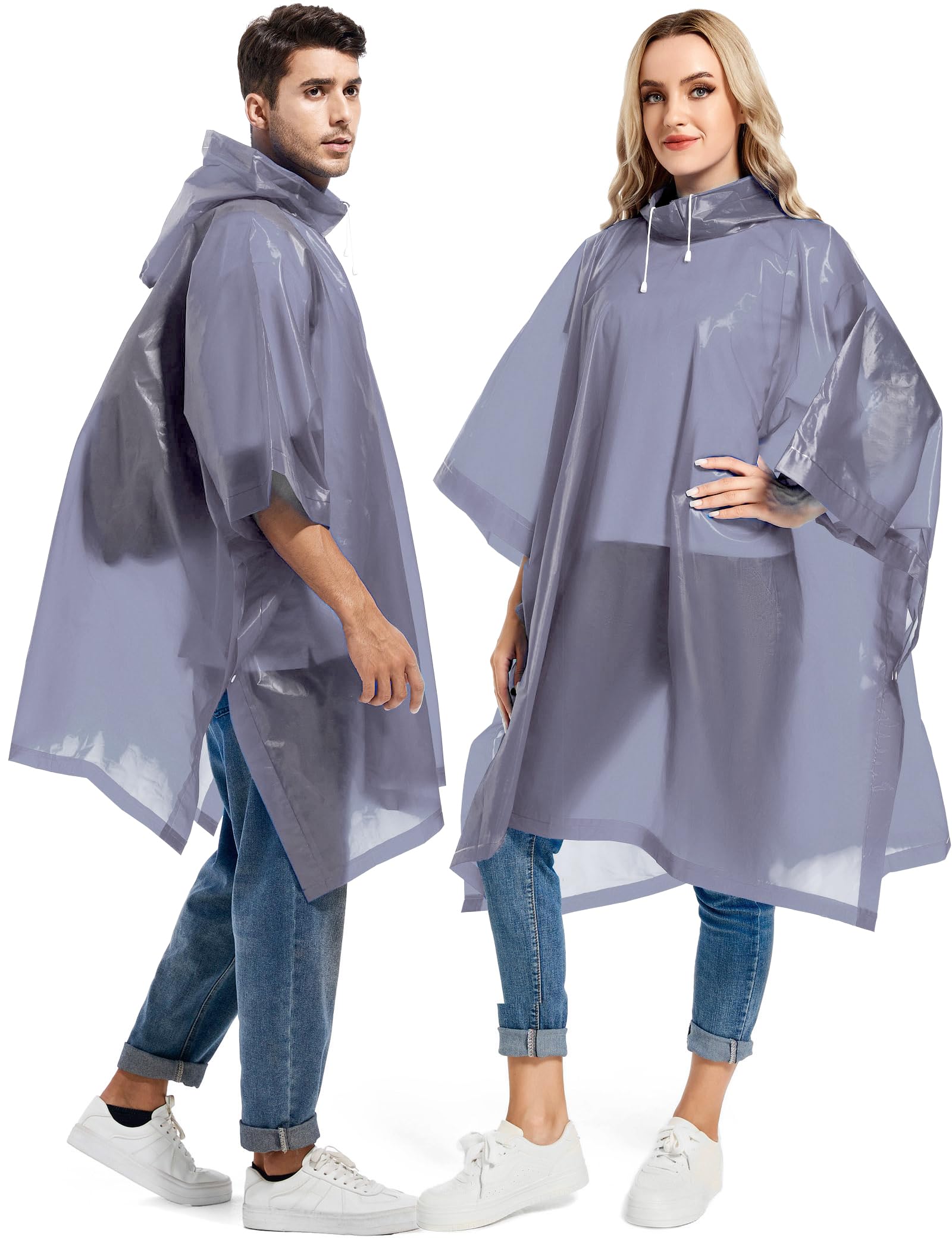 Borogo 2 Pack Rain Ponchos for Adults Reusable - Raincoats Survival Emergency Heavy Duty Rain Coat with Drawstring Hood Grey