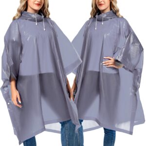 Borogo 2 Pack Rain Ponchos for Adults Reusable - Raincoats Survival Emergency Heavy Duty Rain Coat with Drawstring Hood Grey