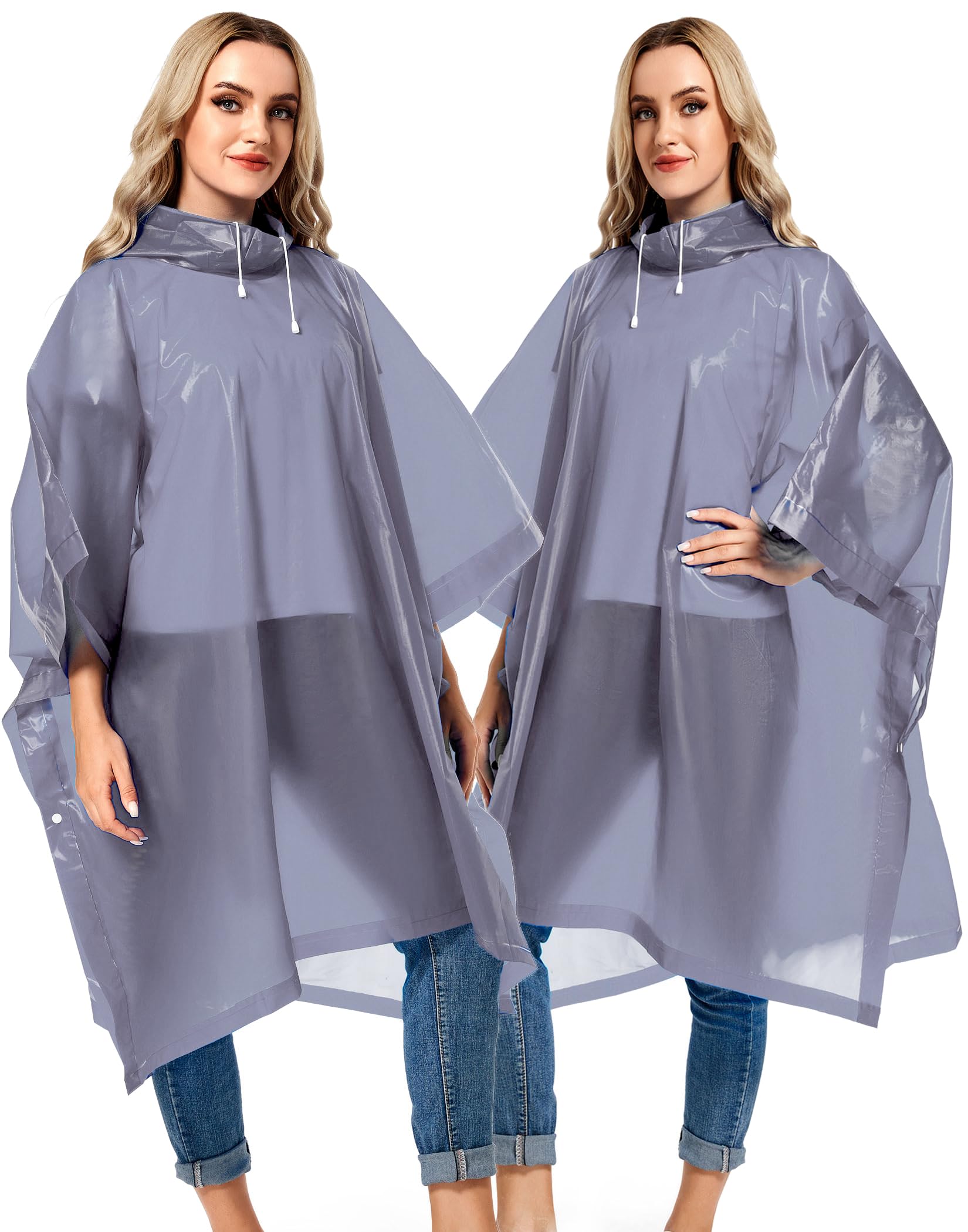 Borogo 2 Pack Rain Ponchos for Adults Reusable - Raincoats Survival Emergency Heavy Duty Rain Coat with Drawstring Hood Grey