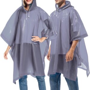 Borogo 2 Pack Rain Ponchos for Adults Reusable - Raincoats Survival Emergency Heavy Duty Rain Coat with Drawstring Hood Grey