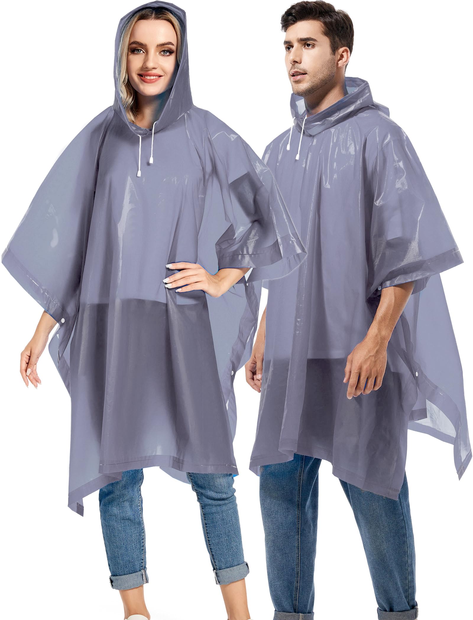 Borogo 2 Pack Rain Ponchos for Adults Reusable - Raincoats Survival Emergency Heavy Duty Rain Coat with Drawstring Hood Grey