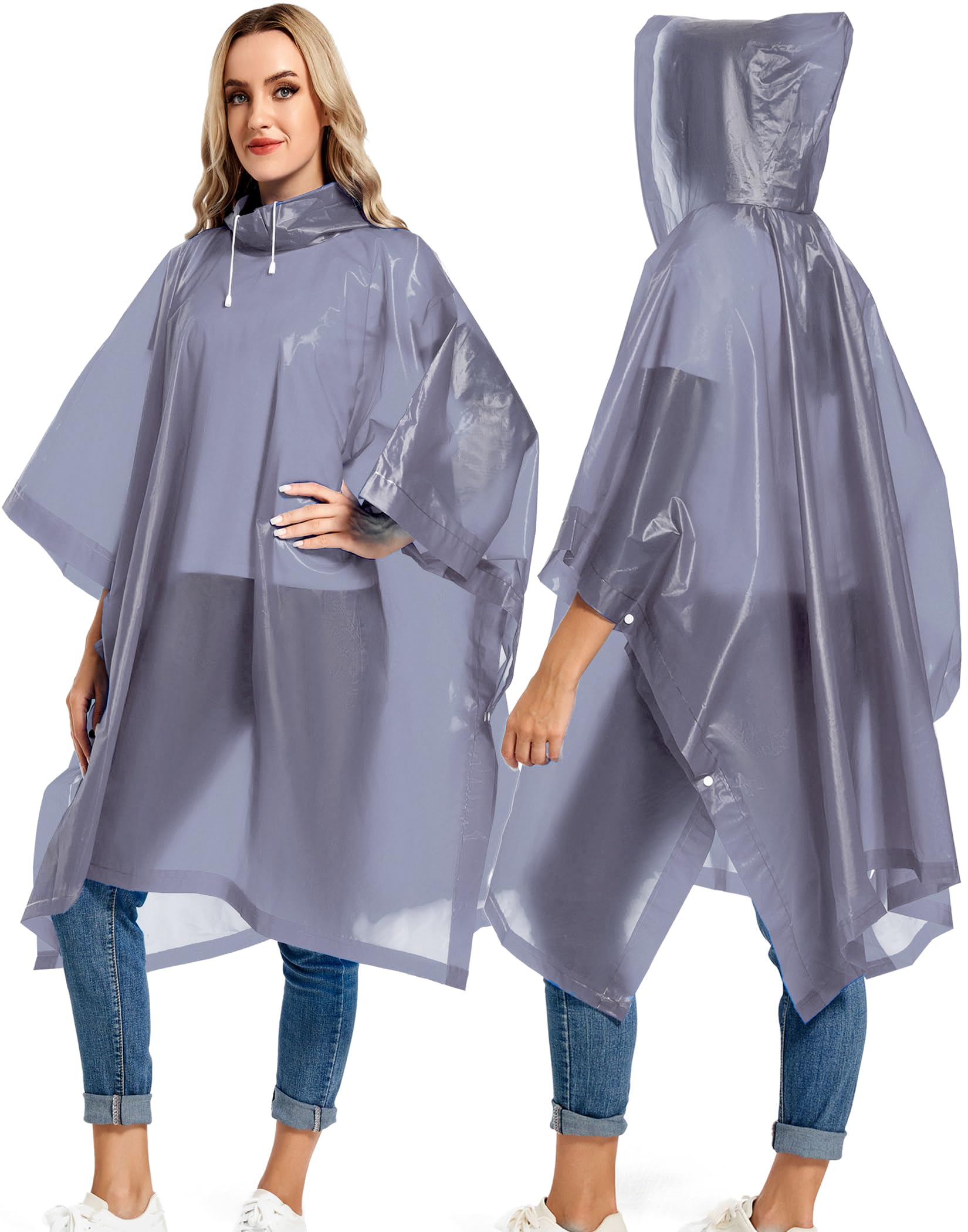 Borogo 2 Pack Rain Ponchos for Adults Reusable - Raincoats Survival Emergency Heavy Duty Rain Coat with Drawstring Hood Grey