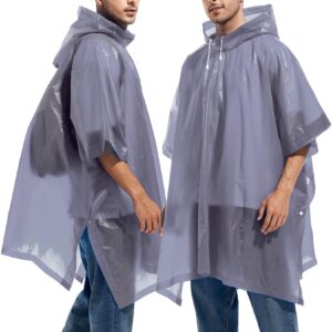 Borogo 2 Pack Rain Ponchos for Adults Reusable - Raincoats Survival Emergency Heavy Duty Rain Coat with Drawstring Hood Grey