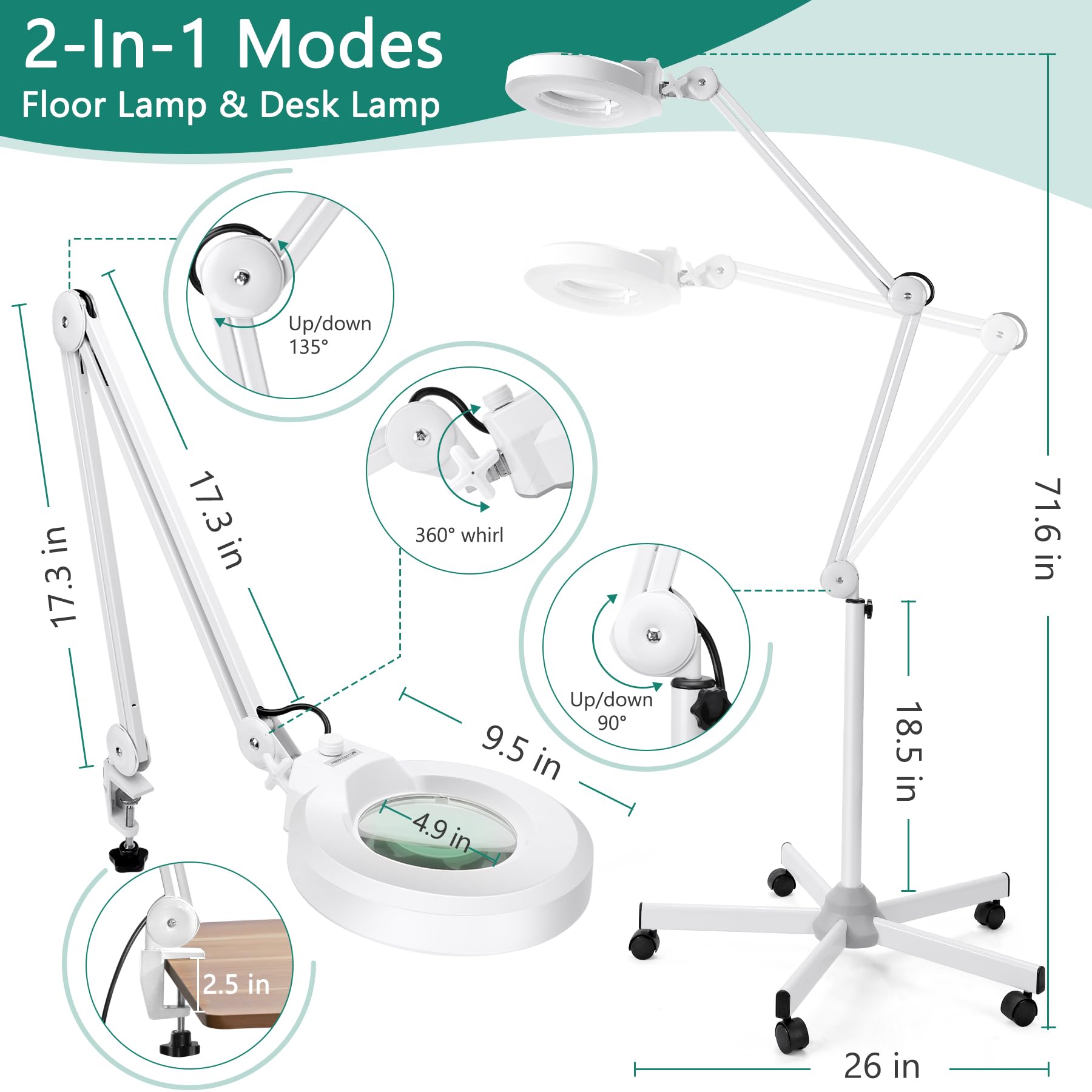 10X Magnifying Glass with Light and Stand, Floor Lamp with 5 Wheels Rolling Base for Lash Estheticians Facials, 1,500 Lumens Stepless Dimmable, LED Lighted Standing Magnifier for Sewing Crafts