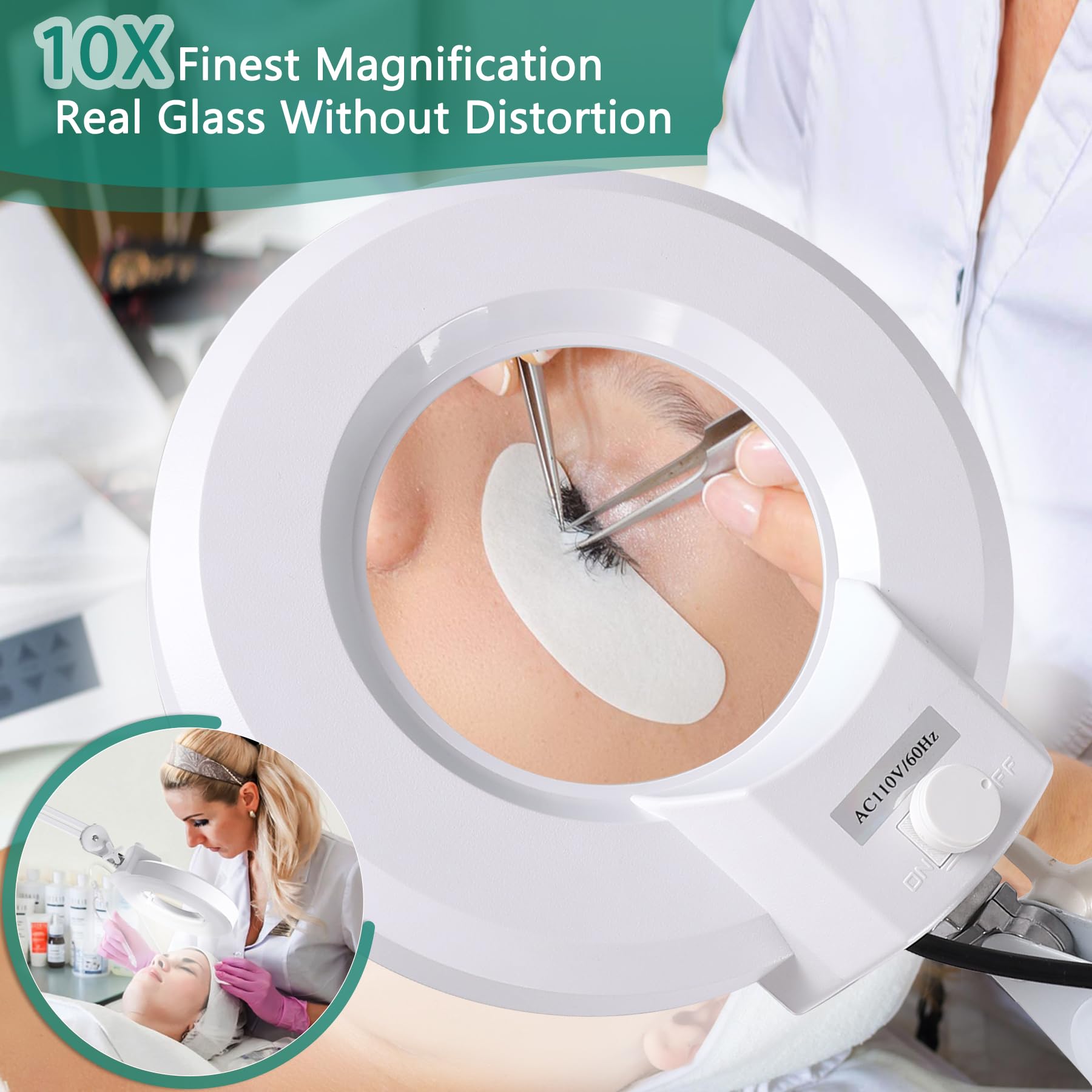 10X Magnifying Glass with Light and Stand, Floor Lamp with 5 Wheels Rolling Base for Lash Estheticians Facials, 1,500 Lumens Stepless Dimmable, LED Lighted Standing Magnifier for Sewing Crafts