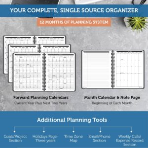 Planner Pad Spiral Bound 3-Tier Funnel Down 12 Month Organizer, Calendar Year (January - December 2024), Black Cover/Black Ink, 6 3/4" x 8 1/2"