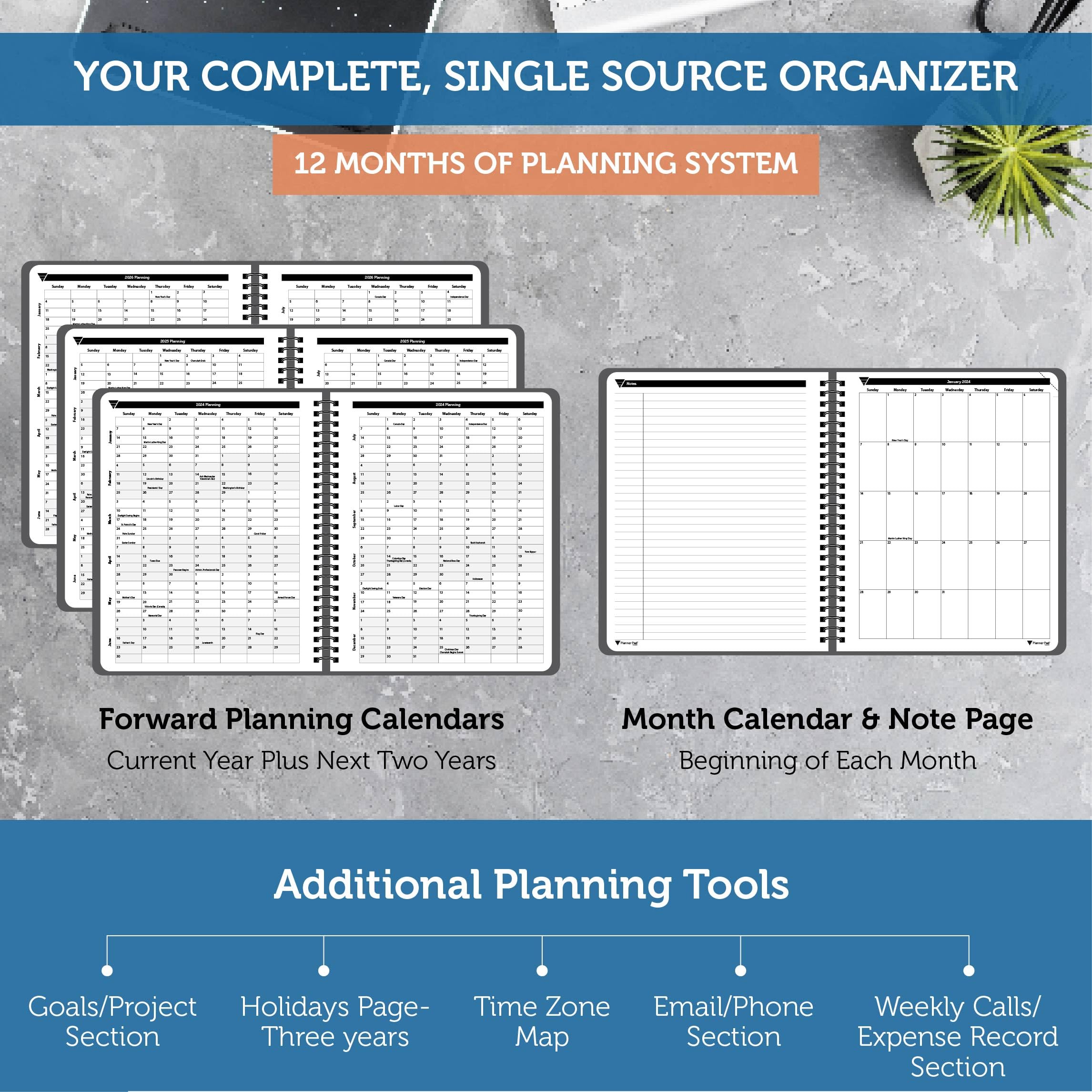 Planner Pad Spiral Bound 3-Tier Funnel Down 12 Month Organizer, Calendar Year (January - December 2024), Black Cover/Black Ink, 6 3/4" x 8 1/2"