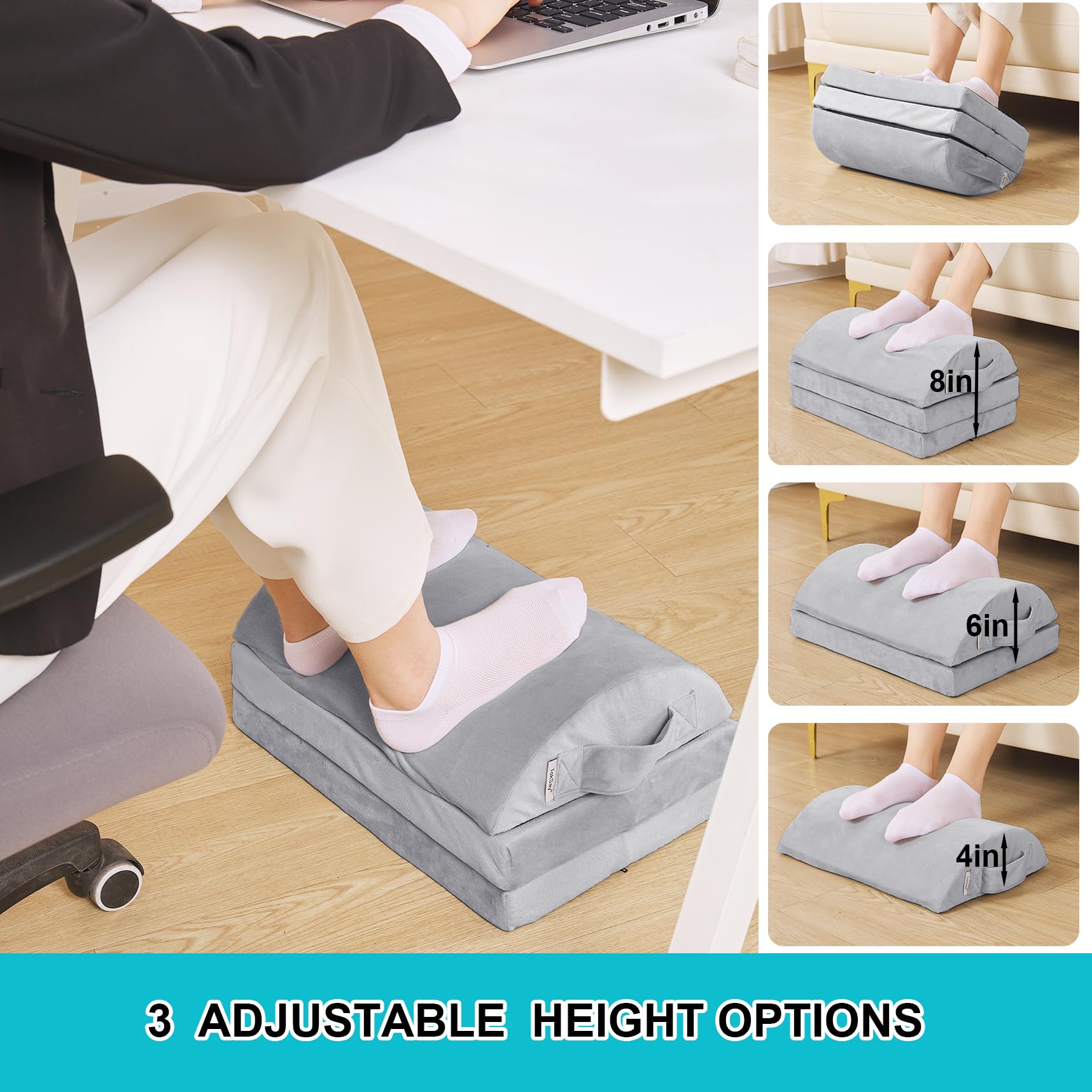 TokSay Foot Rest for Under Desk with 3 Adjust Heights - Memory Foam Foot Stool - Back, Lumbar, and Knee Pain Relief - Perfect for Office, Home, Working and Gaming Use (Gray)