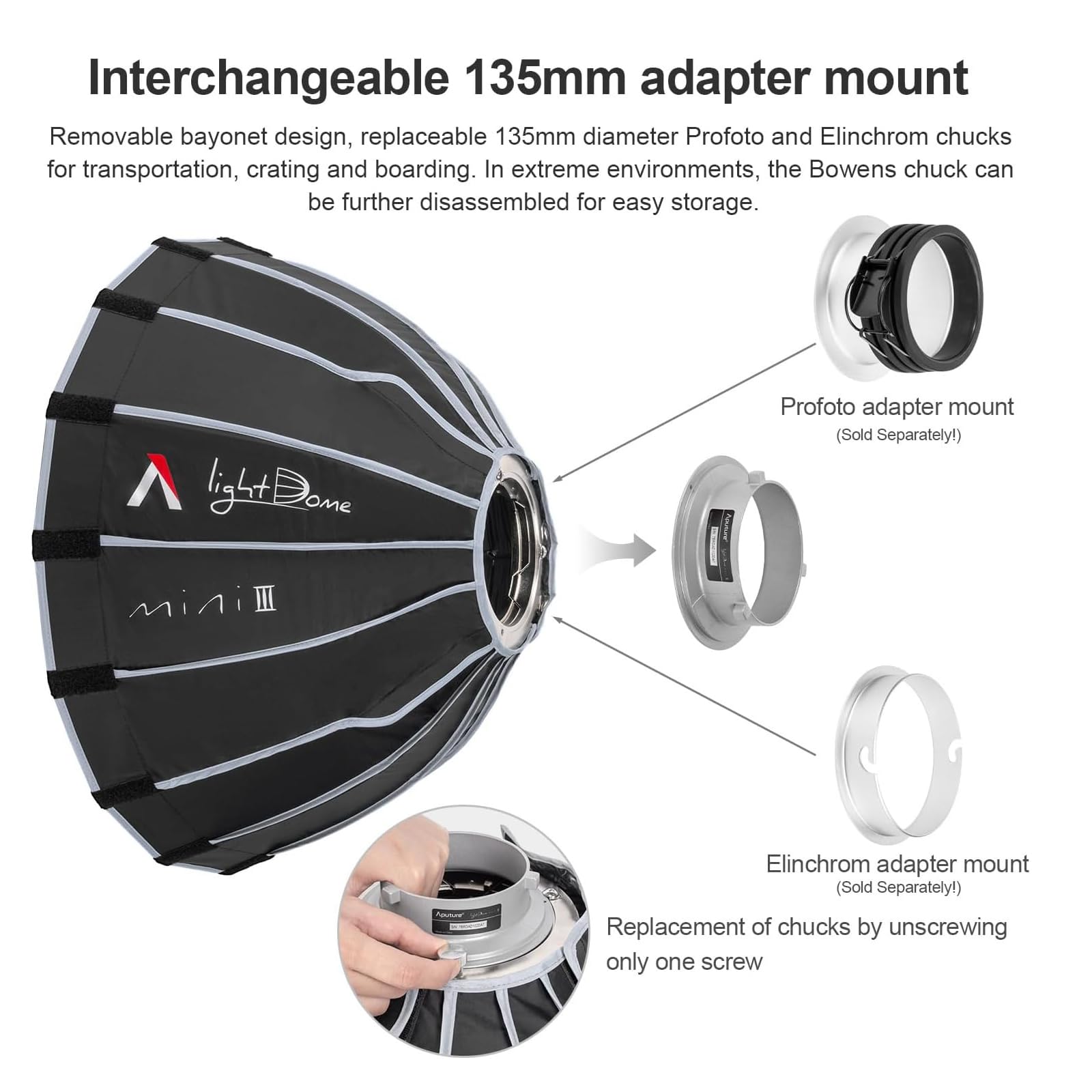 Aputure Light Dome Mini III Softbox,Bowens Mount Octagonal Softbox Quick-Setup Soft Light Modifier for Video Light Aputure Amaran 200/100/300c/150c/60d s/60x s