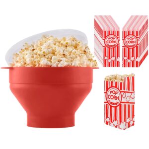 Microwave Popcorn Popper (Red) and 100 Pieces Paper Popcorn Bags | Silicone Popcorn Maker | Collapsible Microwavable Bowl | 100 pcs Food Grade Popcorn Bags for Movie Night & Birthday Party