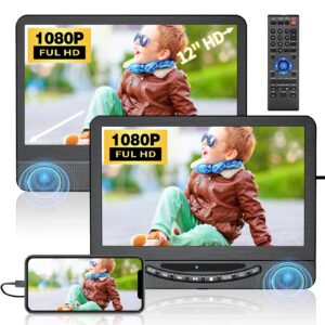12" portable dvd player for car with 1080p hdmi input, feleman car dvd player dual screen with full hd digital signal transmission, 5-hour rechargeable battery, support usb, last memory(1 player+1 mon