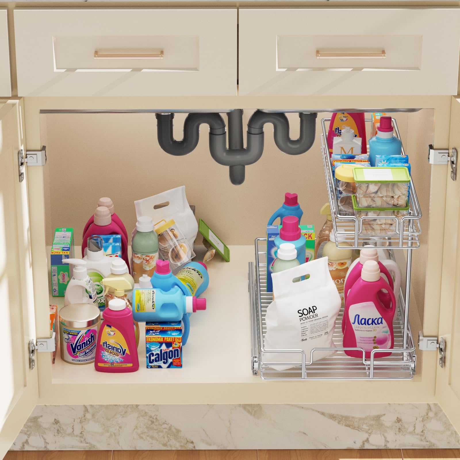 LOVMOR 2 Tier Pull Out Cabinet Organizer 13.5" W x 21.5" D Slide Out Under Sink Organizer Sliding Wire Shelves Storage for Kitchen Bathroom Cabinets