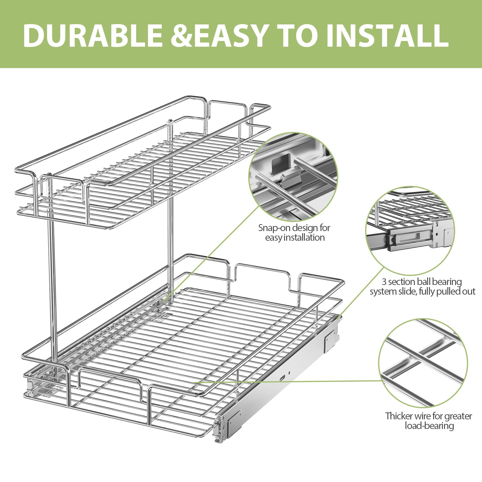 LOVMOR 2 Tier Pull Out Cabinet Organizer 13.5" W x 21.5" D Slide Out Under Sink Organizer Sliding Wire Shelves Storage for Kitchen Bathroom Cabinets