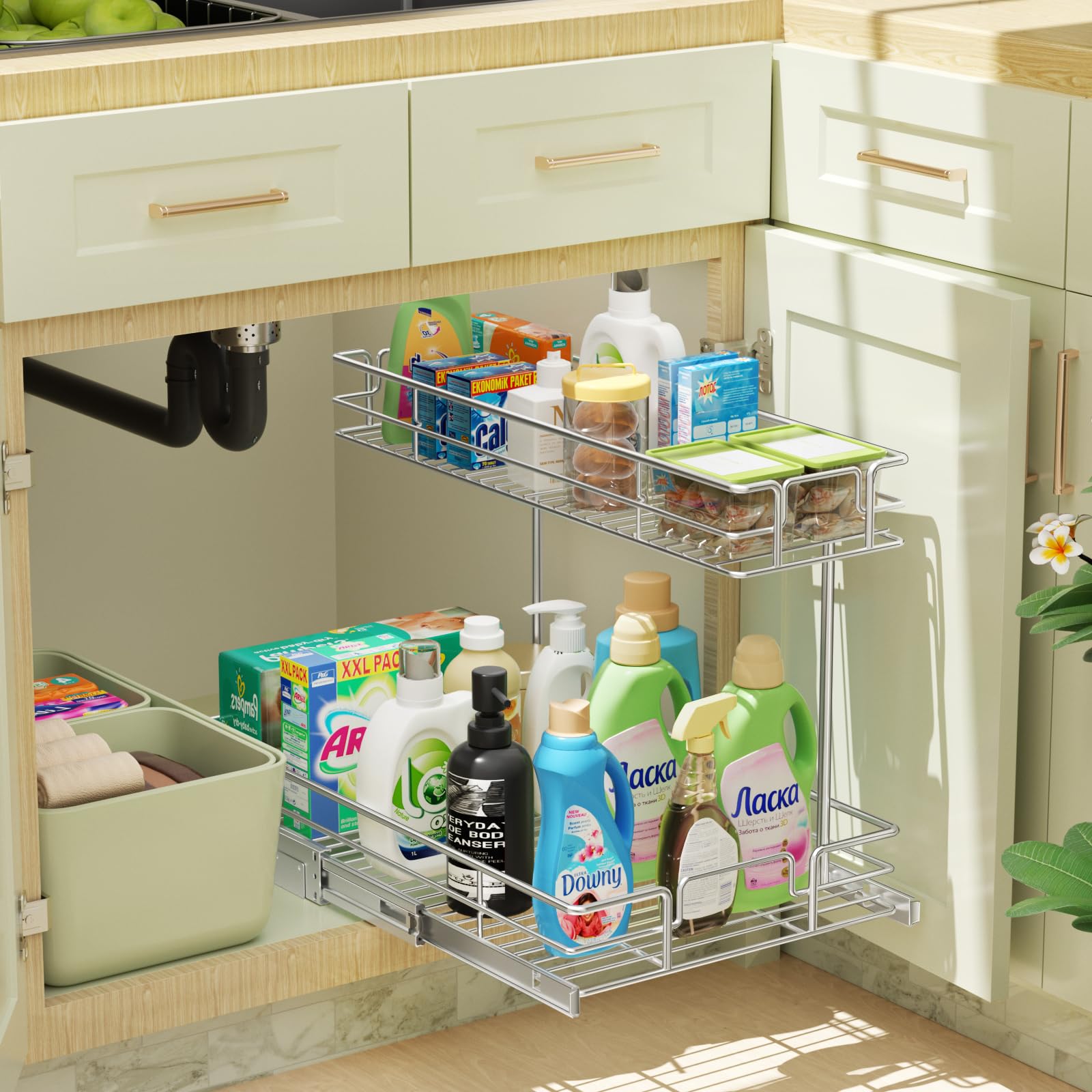 LOVMOR 2 Tier Pull Out Cabinet Organizer 13.5" W x 21.5" D Slide Out Under Sink Organizer Sliding Wire Shelves Storage for Kitchen Bathroom Cabinets