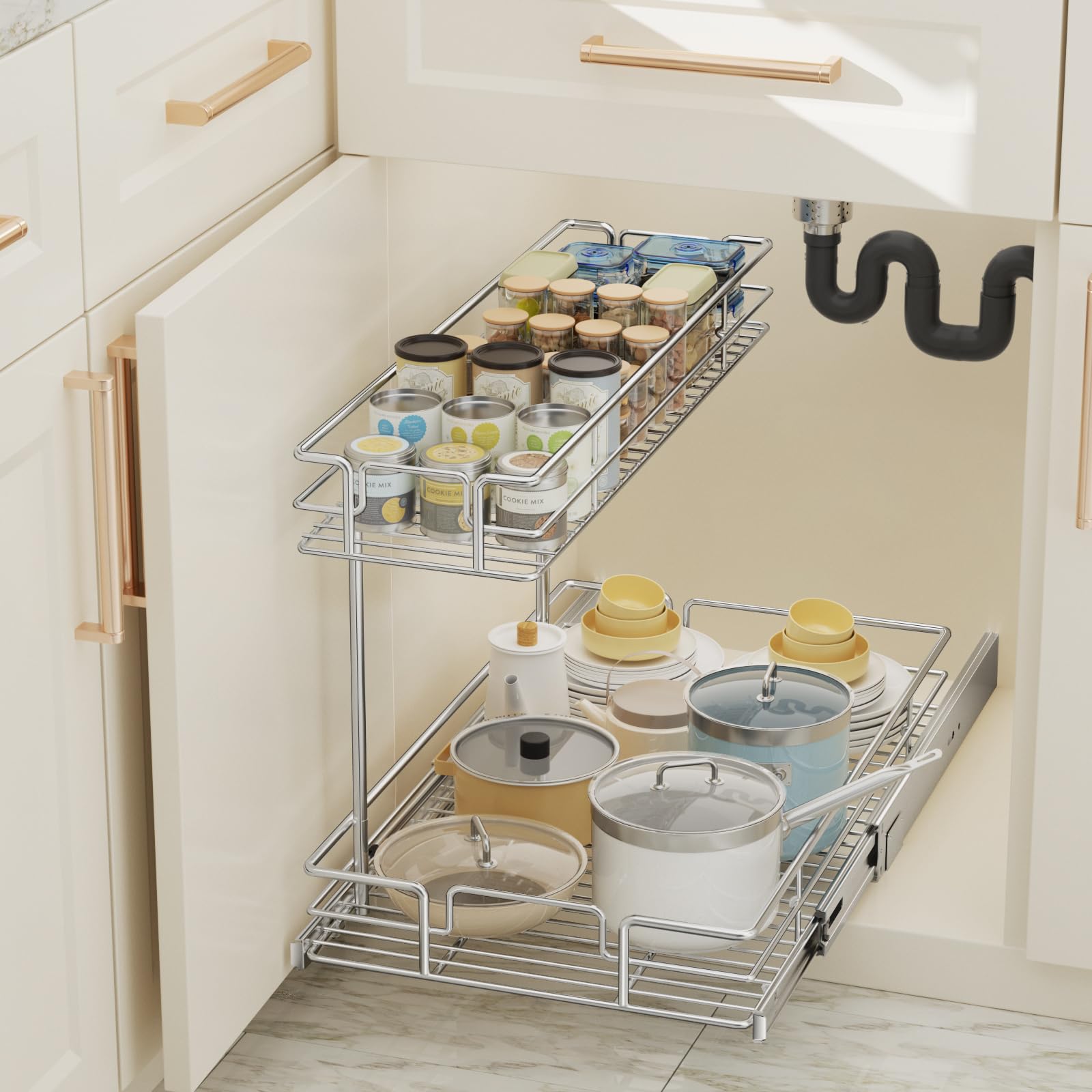 LOVMOR 2 Tier Pull Out Cabinet Organizer 13.5" W x 21.5" D Slide Out Under Sink Organizer Sliding Wire Shelves Storage for Kitchen Bathroom Cabinets