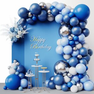 rubfac 144pcs blue balloons arch garland kit, 18/12/10/5 inch blue white and silver party balloons silver confetti latex balloons for birthday wedding baby shower deorations