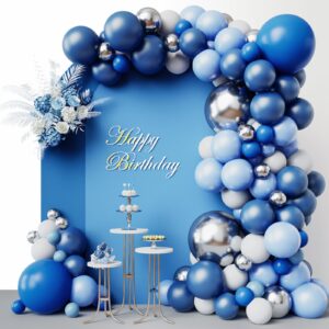 RUBFAC 144pcs Blue Balloons Arch Garland Kit, 18/12/10/5 Inch Blue White and Silver Party Balloons Silver Confetti Latex Balloons for Birthday Wedding Baby Shower Deorations