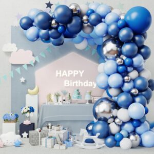 RUBFAC 144pcs Blue Balloons Arch Garland Kit, 18/12/10/5 Inch Blue White and Silver Party Balloons Silver Confetti Latex Balloons for Birthday Wedding Baby Shower Deorations