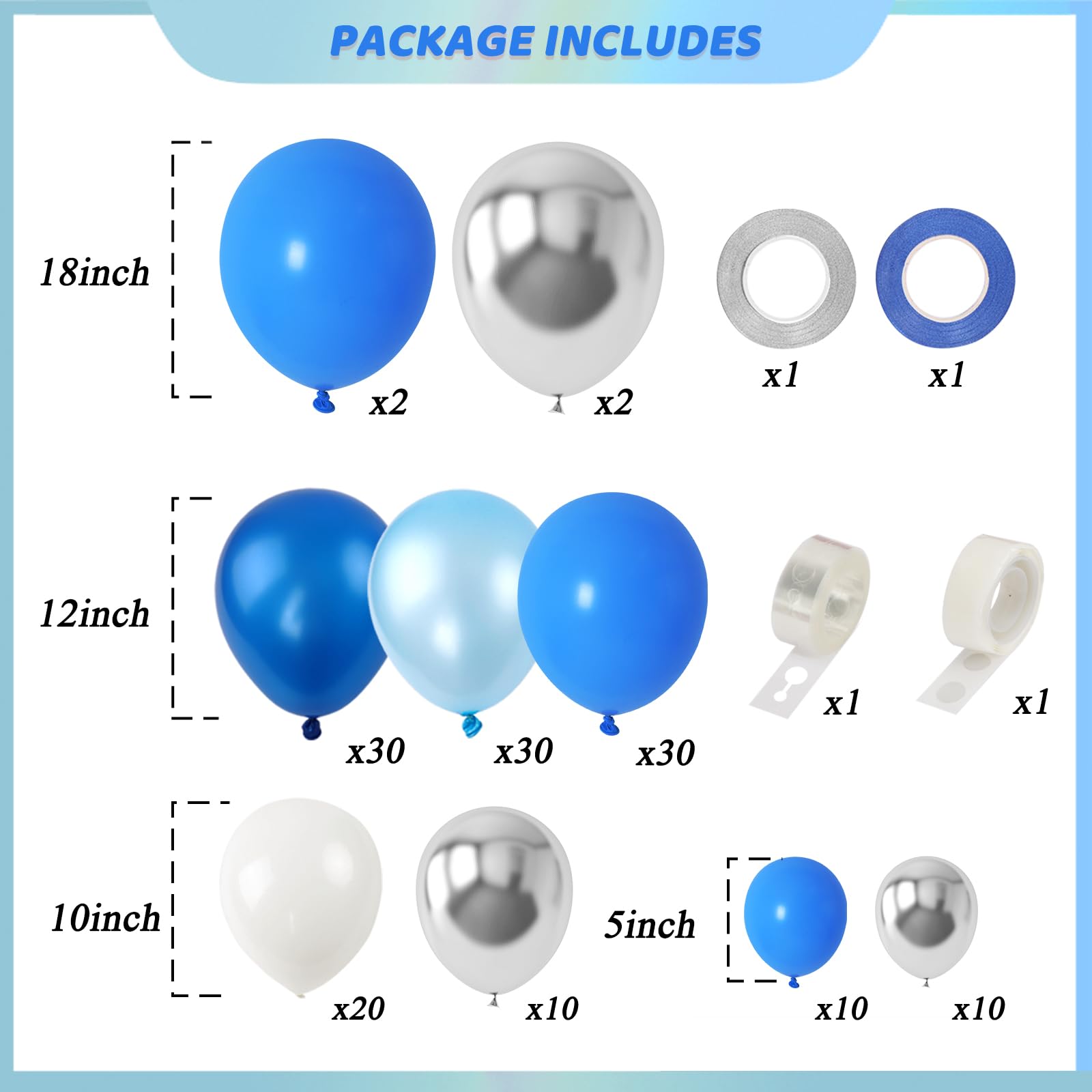 RUBFAC 144pcs Blue Balloons Arch Garland Kit, 18/12/10/5 Inch Blue White and Silver Party Balloons Silver Confetti Latex Balloons for Birthday Wedding Baby Shower Deorations