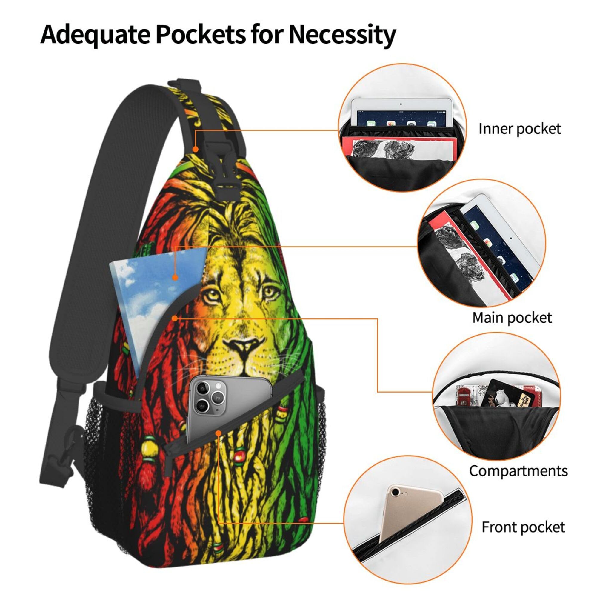 RIMENCH rasta rastafarian reggae earphone lion Sling Backpack Bag For Women Men Chest Bag Daypack Crossbody Backpack For Travel Sports Running Hiking