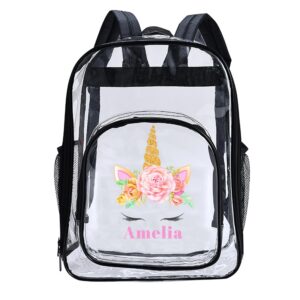 j&sbgft personalized clear backpack for girls,custom unicorn clear backpacks with name,transparent backpack with reinforced strap,see through book bag,waterproof heavy clear book bag for school