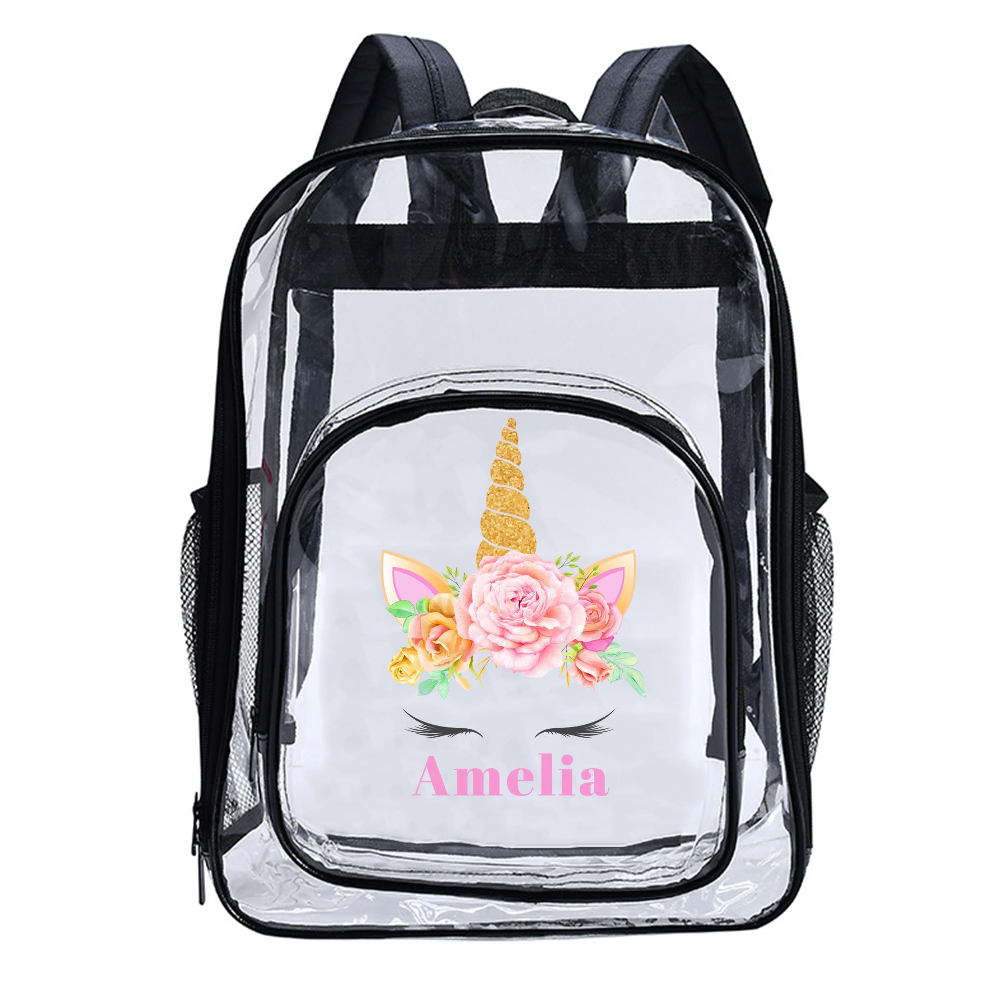 J&SBGFT Personalized Clear Backpack for Girls,Custom Unicorn Clear Backpacks with Name,Transparent Backpack with Reinforced Strap,See Through Book Bag,Waterproof Heavy Clear Book Bag for School