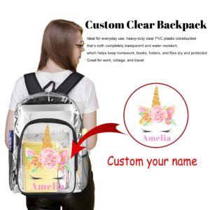 J&SBGFT Personalized Clear Backpack for Girls,Custom Unicorn Clear Backpacks with Name,Transparent Backpack with Reinforced Strap,See Through Book Bag,Waterproof Heavy Clear Book Bag for School