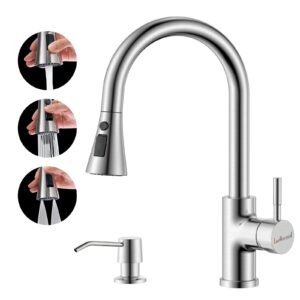 appaso kitchen faucet with soap dispenser, brushed nickel kitchen faucet with pull down sprayer (3 modes), 304 stainless steel high arc 360 degree swivel single handle faucet for kitchen sink