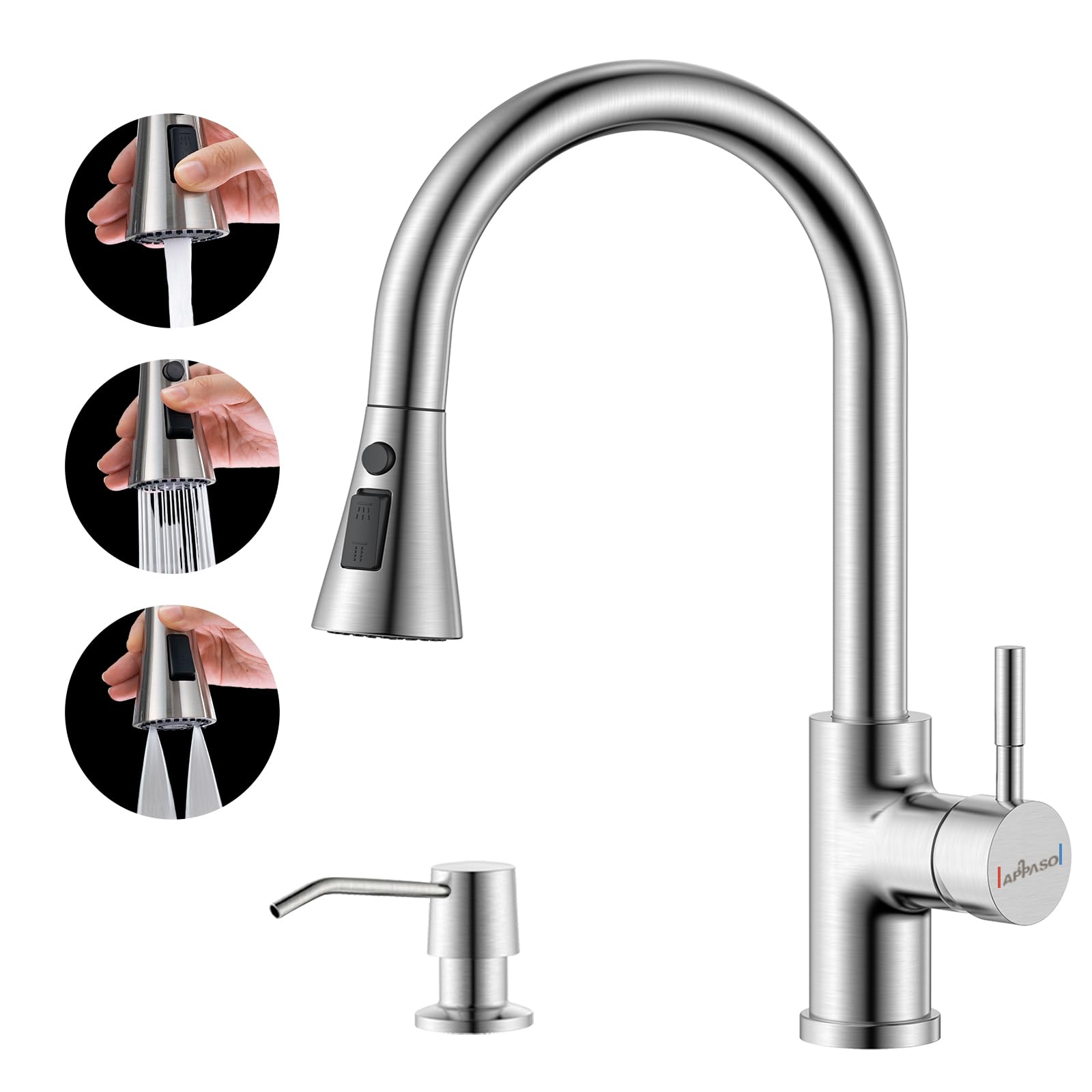 APPASO Kitchen Faucet with Soap Dispenser, Brushed Nickel Kitchen Faucet with Pull Down Sprayer (3 Modes), 304 Stainless Steel High Arc 360 Degree Swivel Single Handle Faucet for Kitchen Sink