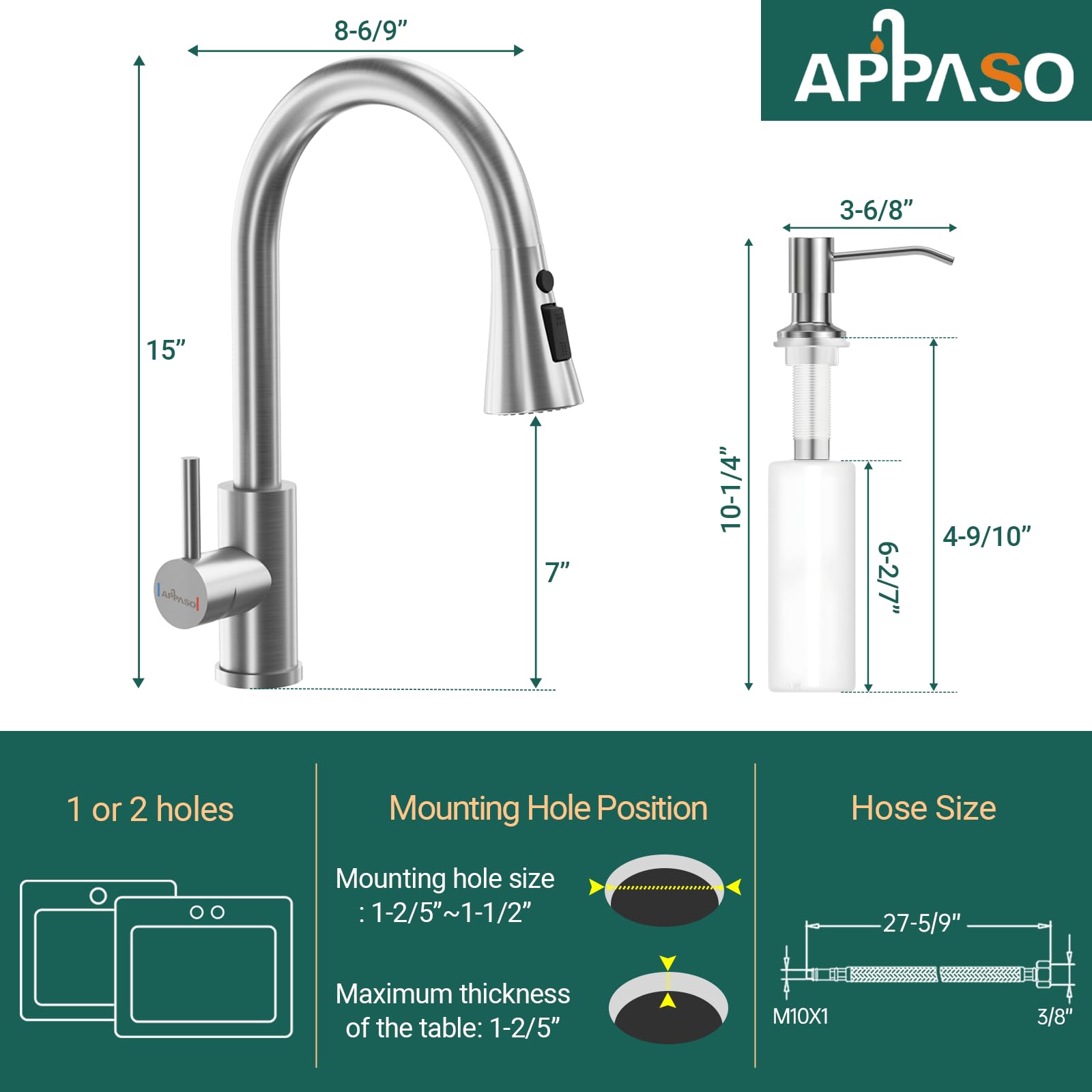 APPASO Kitchen Faucet with Soap Dispenser, Brushed Nickel Kitchen Faucet with Pull Down Sprayer (3 Modes), 304 Stainless Steel High Arc 360 Degree Swivel Single Handle Faucet for Kitchen Sink