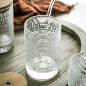 Set of 4 Hobnail Highball Glasses: Embossed Beaded Glass Cups with Lids and Straws – Perfect for Cocktails, Old Fashioned, Margaritas, Beer, Juice, and More – 12oz Elegant Mixed Drinkware (12 Oz)