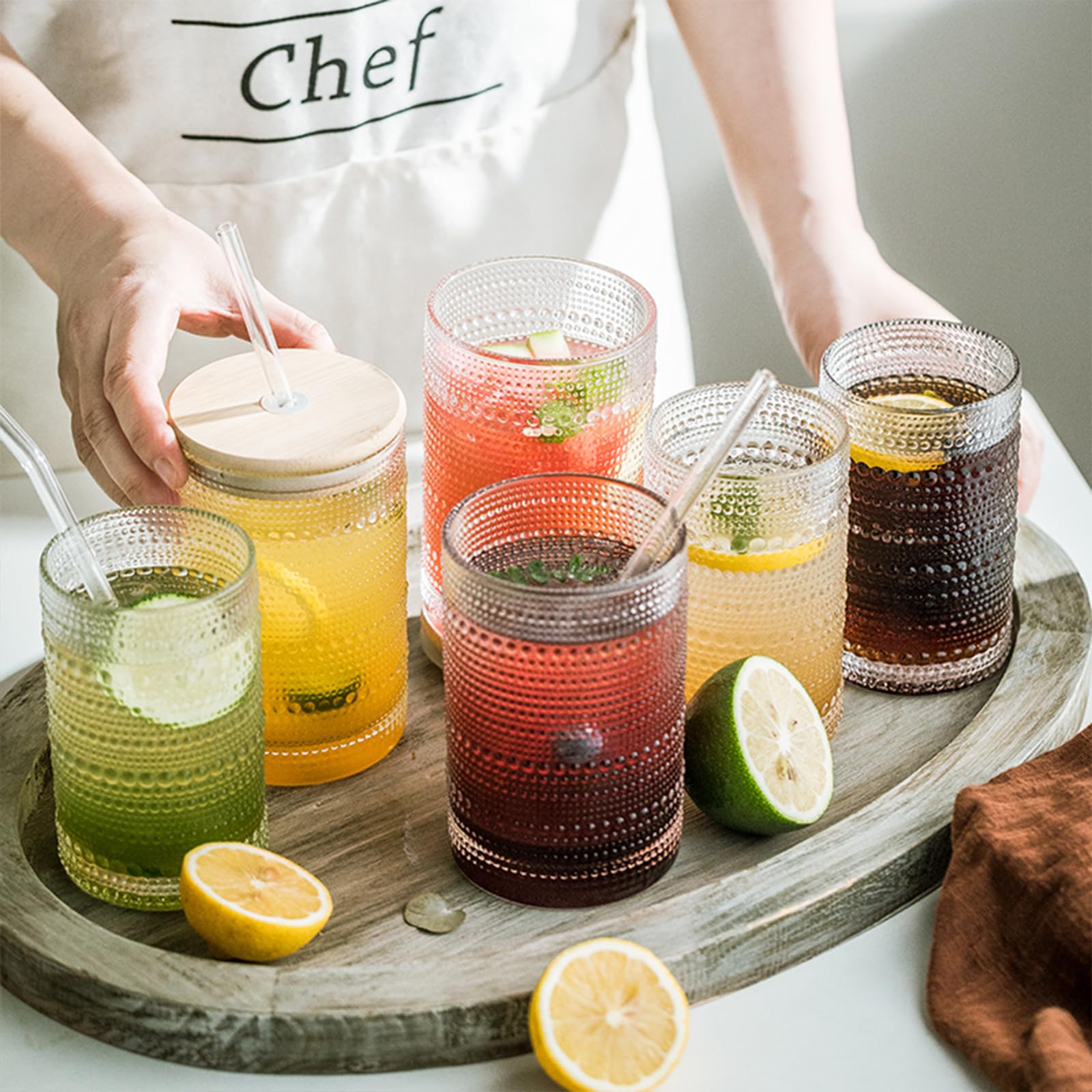 Set of 4 Hobnail Highball Glasses: Embossed Beaded Glass Cups with Lids and Straws – Perfect for Cocktails, Old Fashioned, Margaritas, Beer, Juice, and More – 12oz Elegant Mixed Drinkware (12 Oz)