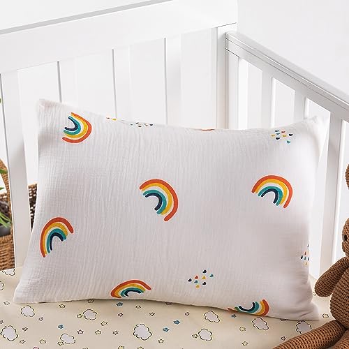 QSTEHEML Toddler Pillow with Muslin Cotton Pillowcase, Soft Breathable Kids Pillows for Sleeping and Traveling, 13 ×18 Small Baby Bed Pillows for Cribs, Cots, Rainbow