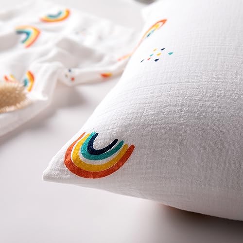 QSTEHEML Toddler Pillow with Muslin Cotton Pillowcase, Soft Breathable Kids Pillows for Sleeping and Traveling, 13 ×18 Small Baby Bed Pillows for Cribs, Cots, Rainbow