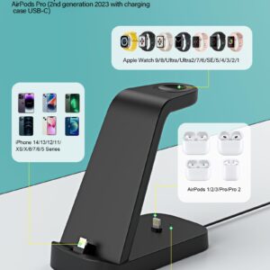 3 in 1 Charging Station for iPhone, Fast Charging Dock Stand Apple Watch Charger Ultra/Ultra2/9/8/7/6/SE/5/4/3/2, for iPhone 14/13/12/11/Pro/Max/XS/XR/X/8/7/6/5/Plus,AirPods 1/2/3/Pro/Pro2 (Black)