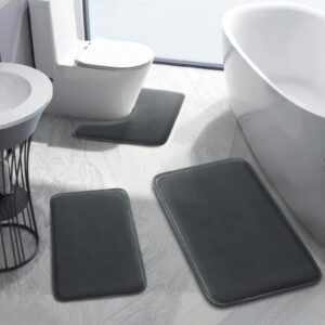 huxmeyson 3 piece memory foam bathroom rugs sets, non-slip & quick dry bath mat, ultra soft velvet bath rugs for bathroom, toilet and shower floor, dark grey
