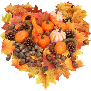 70PCS Fall Decor Artificial Pumpkins for Decorating, Foam Pumpkin Decor for Harvest Halloween Thanksgiving, Faux Pumpkin Decorations Set with 8 Fake Pumpkins+ 2 Pinecones+ 10 Pinecones+50 Fall Leaves