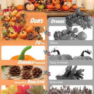 70PCS Fall Decor Artificial Pumpkins for Decorating, Foam Pumpkin Decor for Harvest Halloween Thanksgiving, Faux Pumpkin Decorations Set with 8 Fake Pumpkins+ 2 Pinecones+ 10 Pinecones+50 Fall Leaves