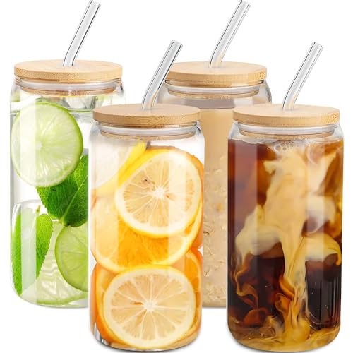 Benestanti 4 pcs Glass Cups with Bamboo Lids and Straws-16 oz Glass Tumbler with Straw and Lid & Cleaning Brush,Iced Coffee Cups with Lids Ldeal for Smoothie Beer Cocktail Whiskey Tea Juice Gift