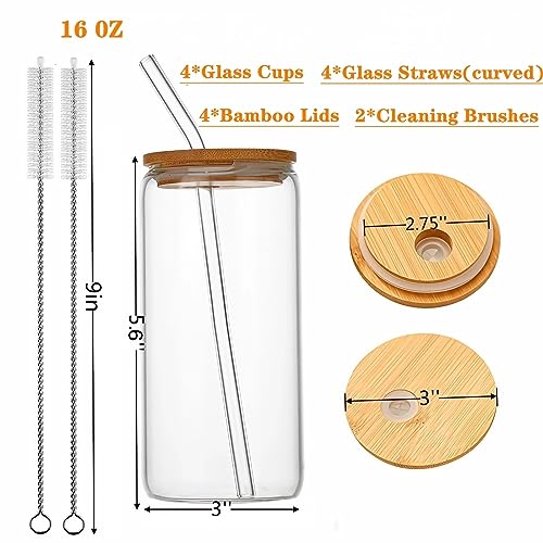 Benestanti 4 pcs Glass Cups with Bamboo Lids and Straws-16 oz Glass Tumbler with Straw and Lid & Cleaning Brush,Iced Coffee Cups with Lids Ldeal for Smoothie Beer Cocktail Whiskey Tea Juice Gift